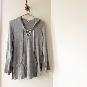 Splendid Grey Thermal Tie Front Pullover Hooded Shirt | Size XS